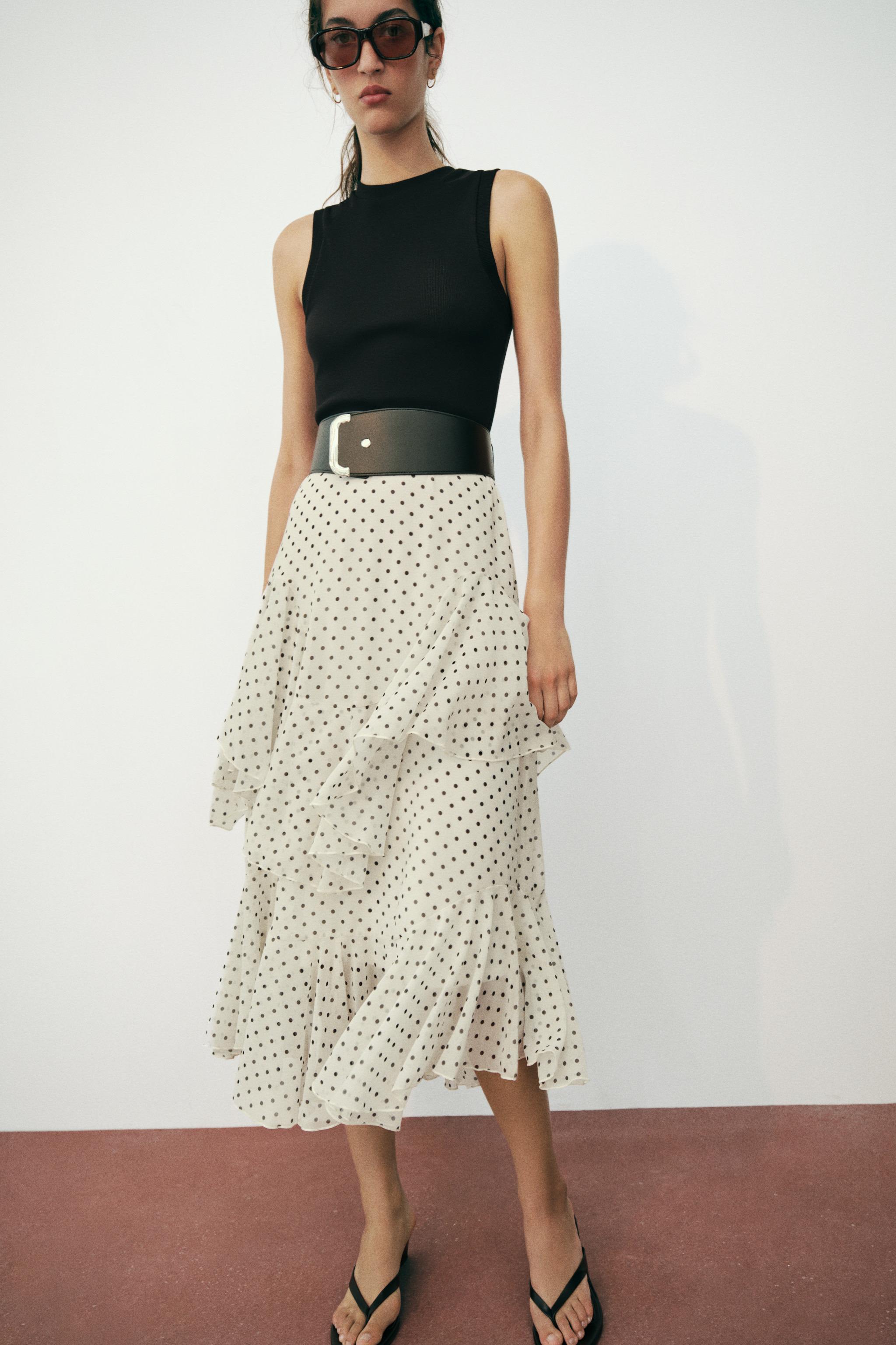 COMBINATION POLKA DOT RUFFLED BELTED DRESS